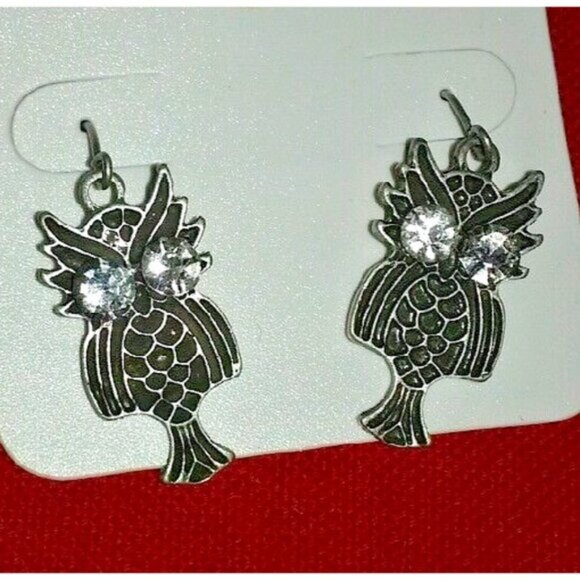 NWOT cute dangle owl earrings silver color sparkly beaded rhinestones eyes - Picture 5 of 5